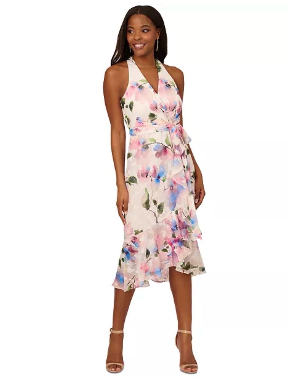 Adrianna Papell Pink Floral Halter Wrap Midi Dress